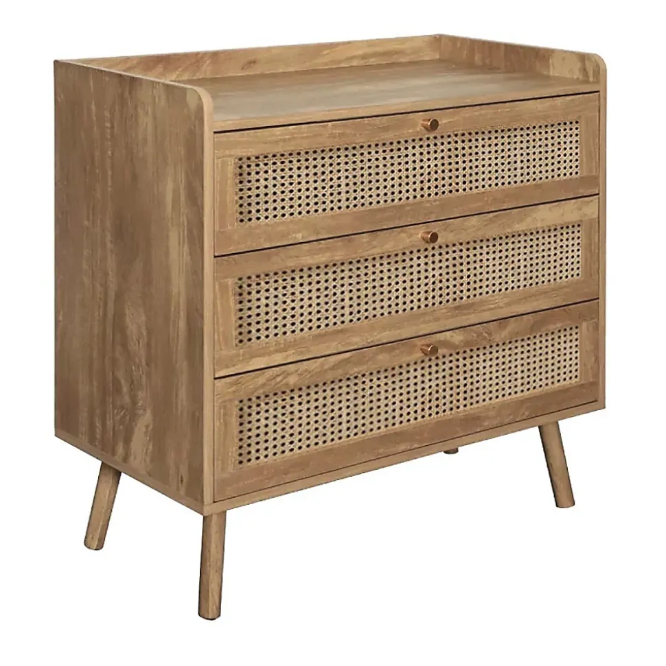 Commode 3 tiroirs avec façades en rotin naturel L80 cm - PALMO
