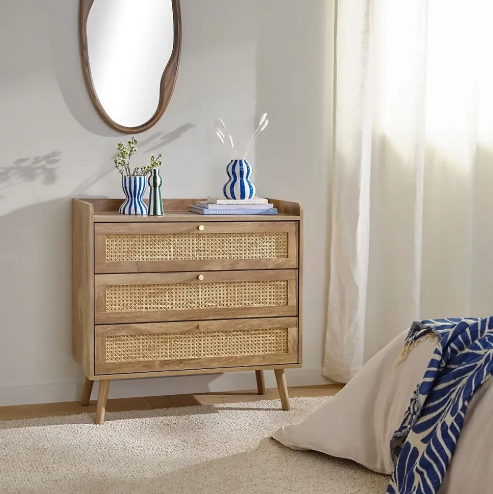 Commode 3 tiroirs avec façades en rotin naturel L80 cm - PALMO