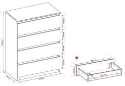Commode 4 Tiroirs, Blanc Mat / Blanc Brillant, 70 X 39 X 101 Cm