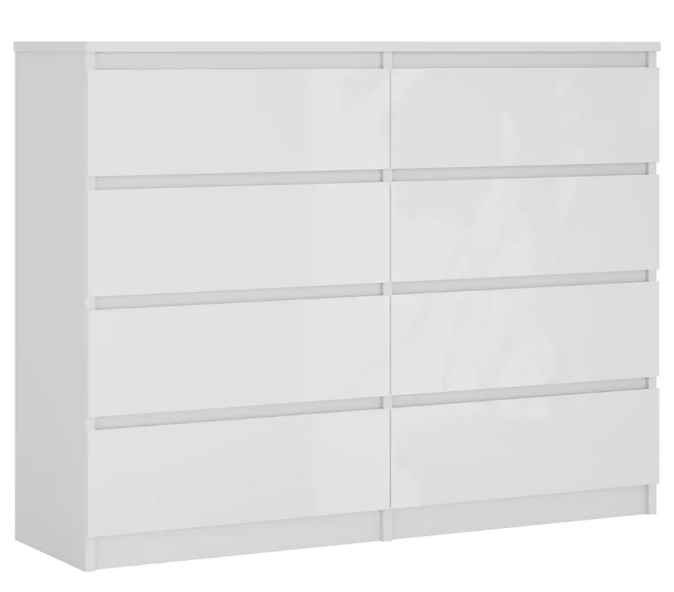 Commode 8 Tiroirs, Blanc Mat / Blanc Brillant, 120 X 39 X 101 Cm