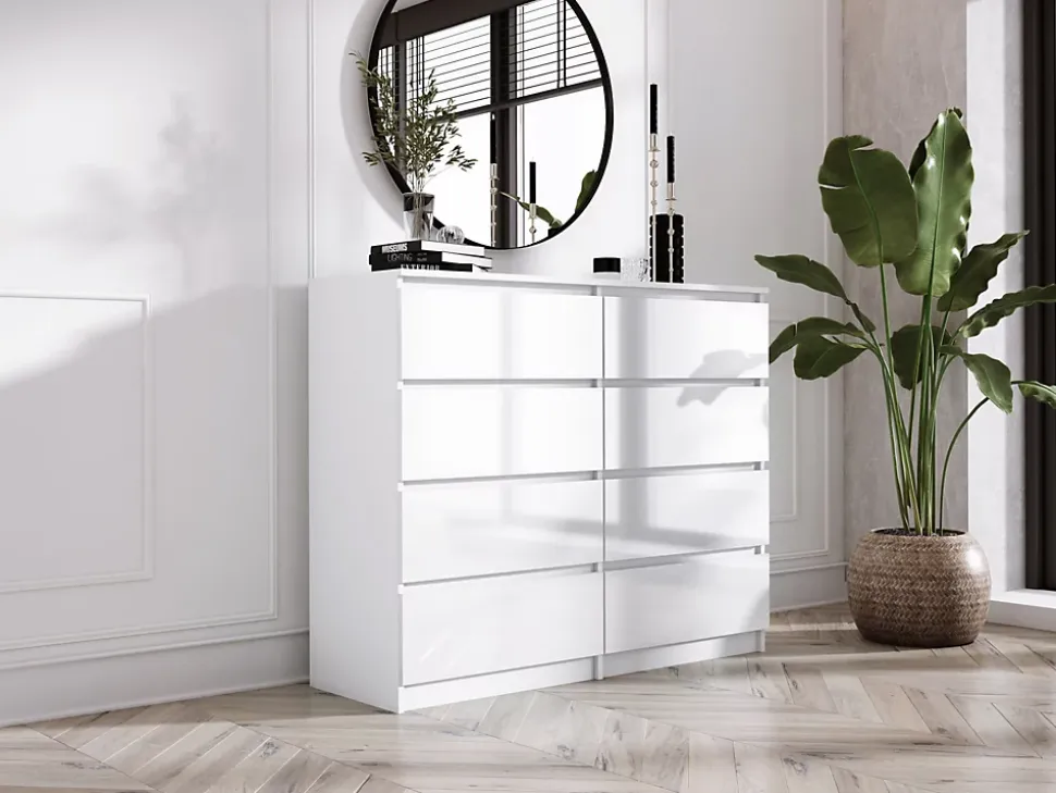 Commode 8 Tiroirs, Blanc Mat / Blanc Brillant, 120 X 39 X 101 Cm