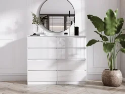 Commode 8 Tiroirs, Blanc Mat / Blanc Brillant, 120 X 39 X 101 Cm
