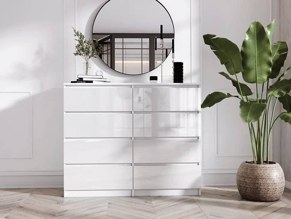Commode 8 Tiroirs, Blanc Mat / Blanc Brillant, 120 X 39 X 101 Cm