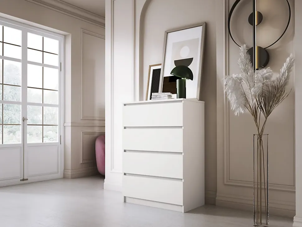 Commode 4 Tiroirs, Blanc Mat, 70 X 39 X 101 Cm