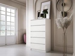 Commode 5 Tiroirs, Blanc Mat 70 X 39 X 125 Cm