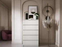 Commode 5 Tiroirs, Blanc Mat 70 X 39 X 125 Cm