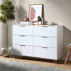 Commode 6 tiroirs blanche avec façades à motif losange en relief, panneaux mélaminés, grande capacité de rangement et robuste