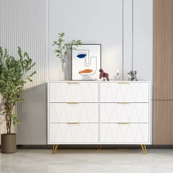 Commode 6 tiroirs blanche avec façades à motif losange en relief, panneaux mélaminés, grande capacité de rangement et robuste