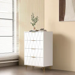 Commode 4 tiroirs blanche avec façades à motif losange en relief, panneaux mélaminés, grande capacité de rangement et robuste