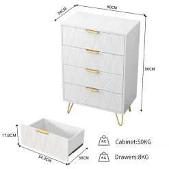 Commode 4 tiroirs blanche avec façades à motif losange en relief, panneaux mélaminés, grande capacité de rangement et robuste