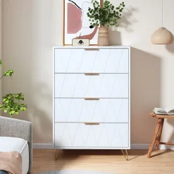 Commode 4 tiroirs blanche avec façades à motif losange en relief, panneaux mélaminés, grande capacité de rangement et robuste