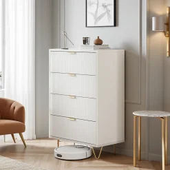 Commode 4 tiroirs blanche avec façade à motif ondulé, poignées dorées et pieds en métal, style moderne, grand espace de rangement