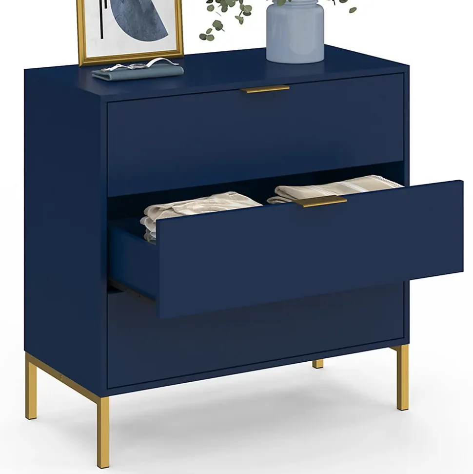 Commode 3 tiroirs BLENIA 80 cm bleu nuit et finitions dorées