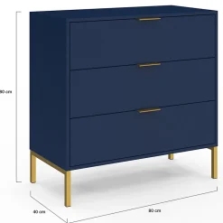 Commode 3 tiroirs BLENIA 80 cm bleu nuit et finitions dorées