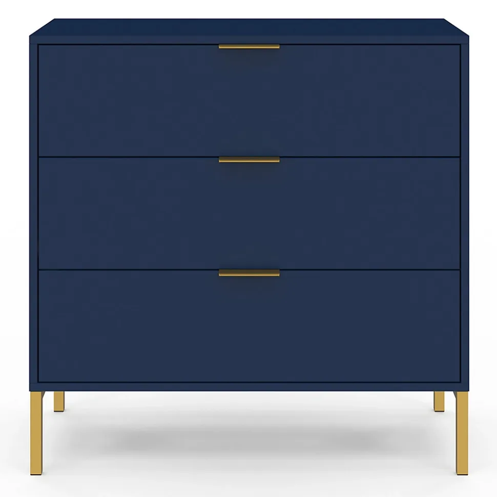 Commode 3 tiroirs BLENIA 80 cm bleu nuit et finitions dorées
