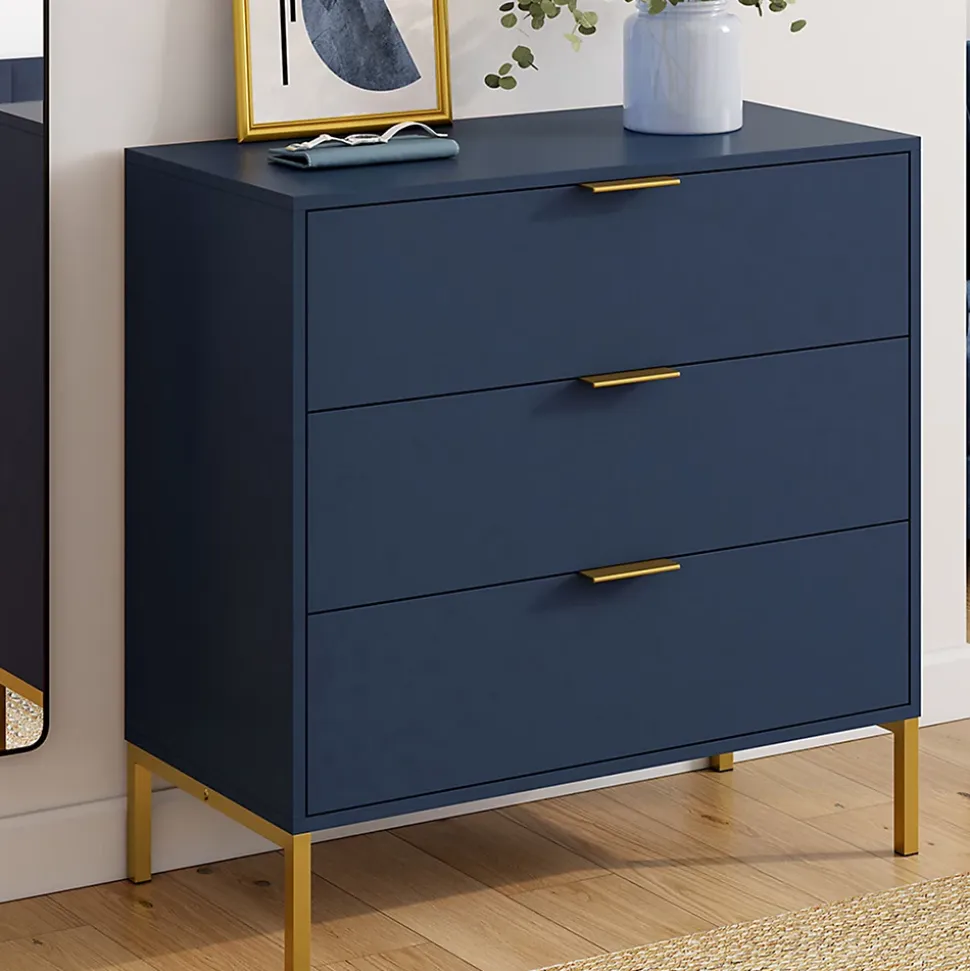 Commode 3 tiroirs BLENIA 80 cm bleu nuit et finitions dorées