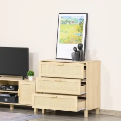 Commode 3 tiroirs cannage en rotin dim. 80L x 40l x 80H cm MDF aspect bois clair