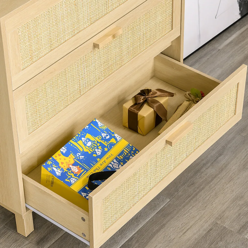 Commode 3 tiroirs cannage en rotin dim. 80L x 40l x 80H cm MDF aspect bois clair