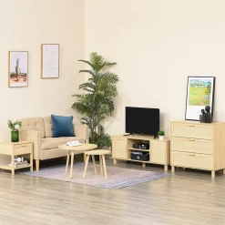 Commode 3 tiroirs cannage en rotin dim. 80L x 40l x 80H cm MDF aspect bois clair