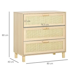 Commode 3 tiroirs cannage en rotin dim. 80L x 40l x 80H cm MDF aspect bois clair