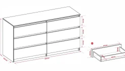 Commode 6 tiroirs, caramel, 139 x 39 x 79 cm