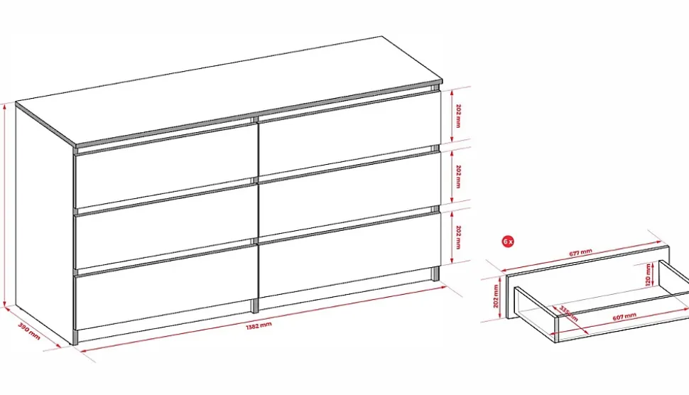 Commode 6 tiroirs, caramel, 139 x 39 x 79 cm