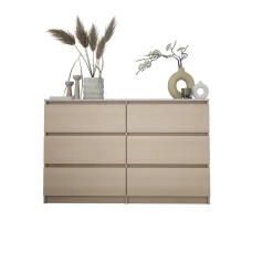 Commode 6 Tiroirs, Chêne Linberg / Mdf Marbre Bianco, 120 X 78,5 X 39 Cm