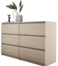 Commode 6 Tiroirs, Chêne Linberg / Mdf Marbre Bianco, 120 X 78,5 X 39 Cm