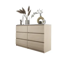 Commode 6 Tiroirs, Chêne Linberg / Mdf Marbre Bianco, 120 X 78,5 X 39 Cm