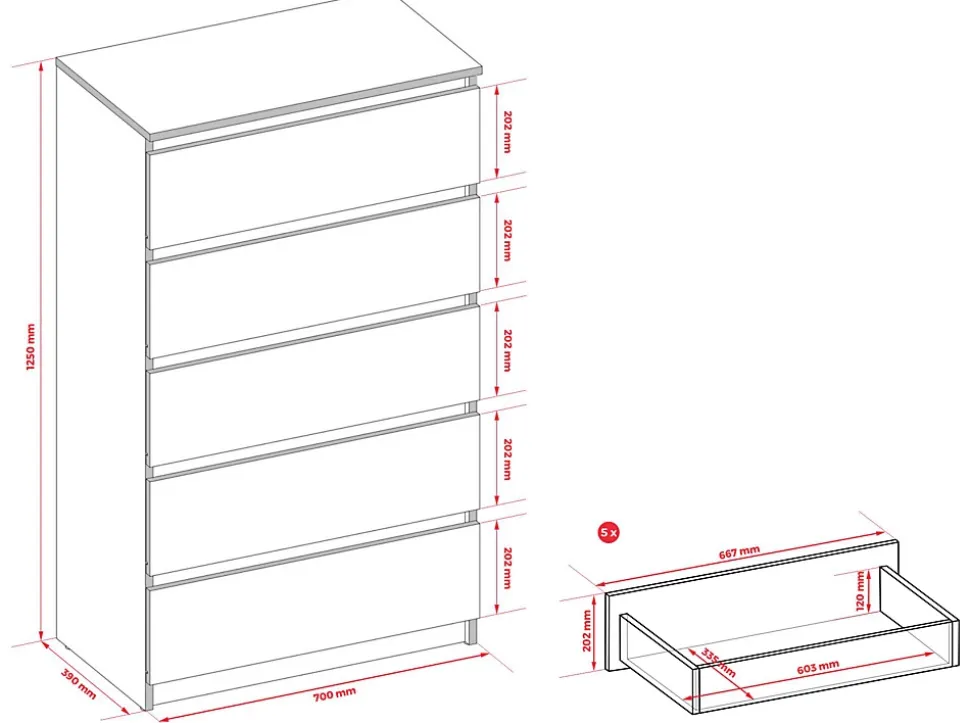 Commode 5 Tiroirs, Chêne Sonoma, 70 X 39 X 125 Cm