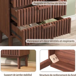 Commode 4 tiroirs couleur noyer, meuble de rangement design à rainures verticales, style moderne pour chambre ou salon