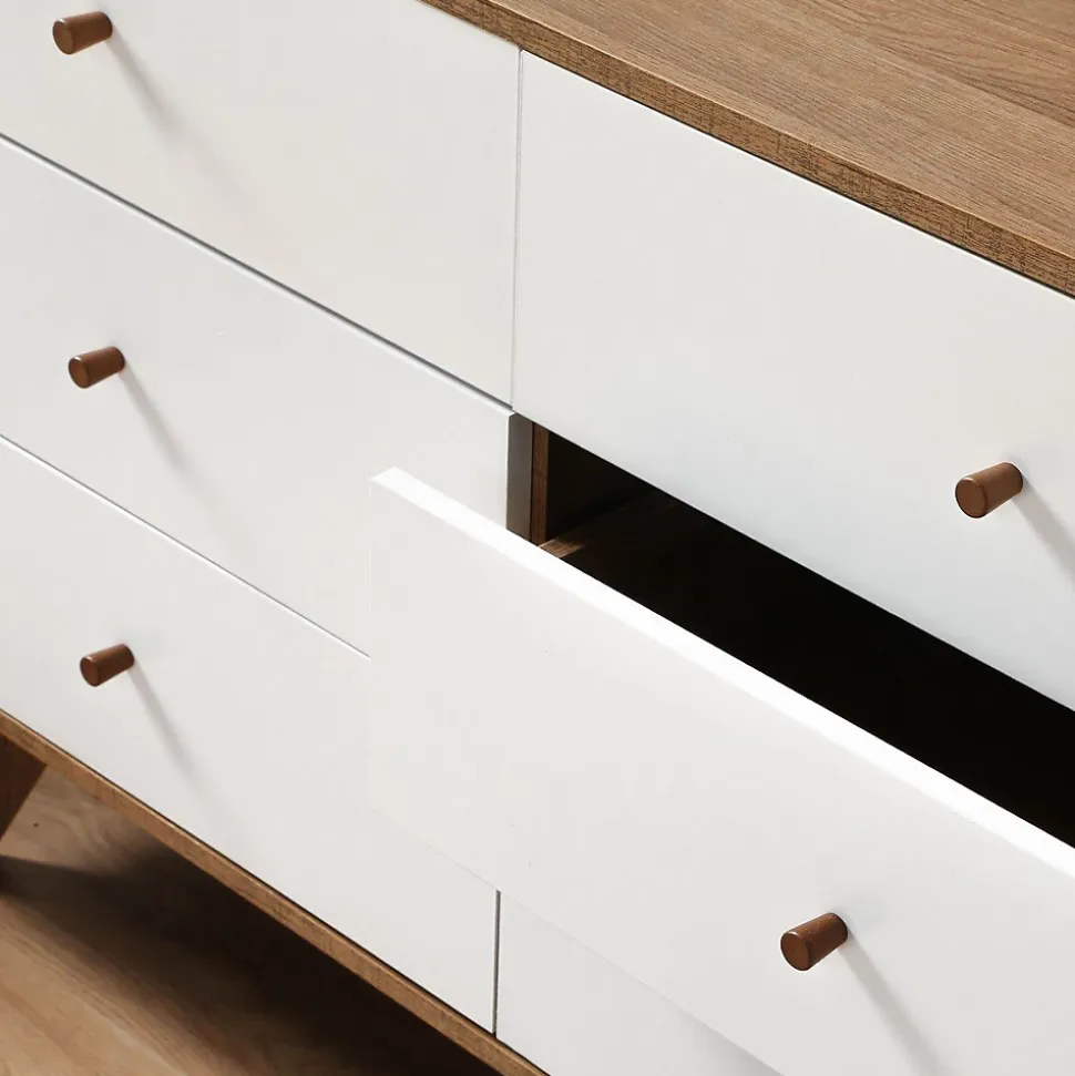 Commode 6 Tiroirs Décor Bois et Blanc - ALBURA