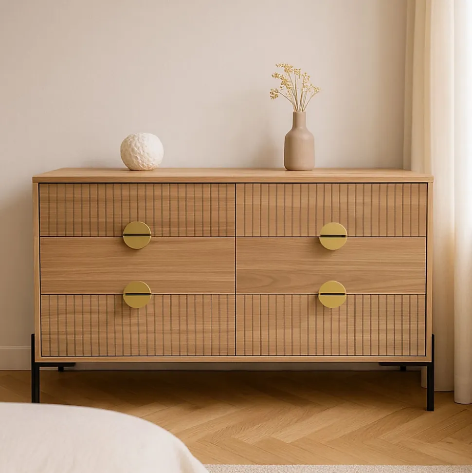 Commode 6 tiroirs décor bois rainuré 124cm - VALLO