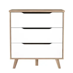 Commode 3 tiroirs décor chêne et blanc pieds bois massif - ALBANE