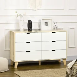 Commode 6 tiroirs design scandinave piètement effilé incliné bois pin panneaux blanc effet bois