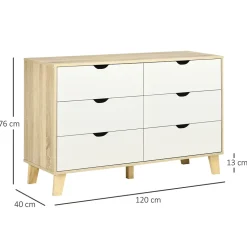 Commode 6 tiroirs design scandinave piètement effilé incliné bois pin panneaux blanc effet bois