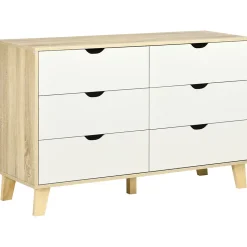 Commode 6 tiroirs design scandinave piètement effilé incliné bois pin panneaux blanc effet bois