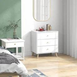 Commode 3 tiroirs design scandinave piètement effilé incliné bois pin MDF blanc