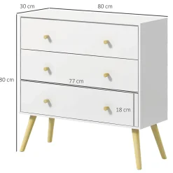 Commode 3 tiroirs design scandinave piètement effilé incliné bois pin panneaux blanc