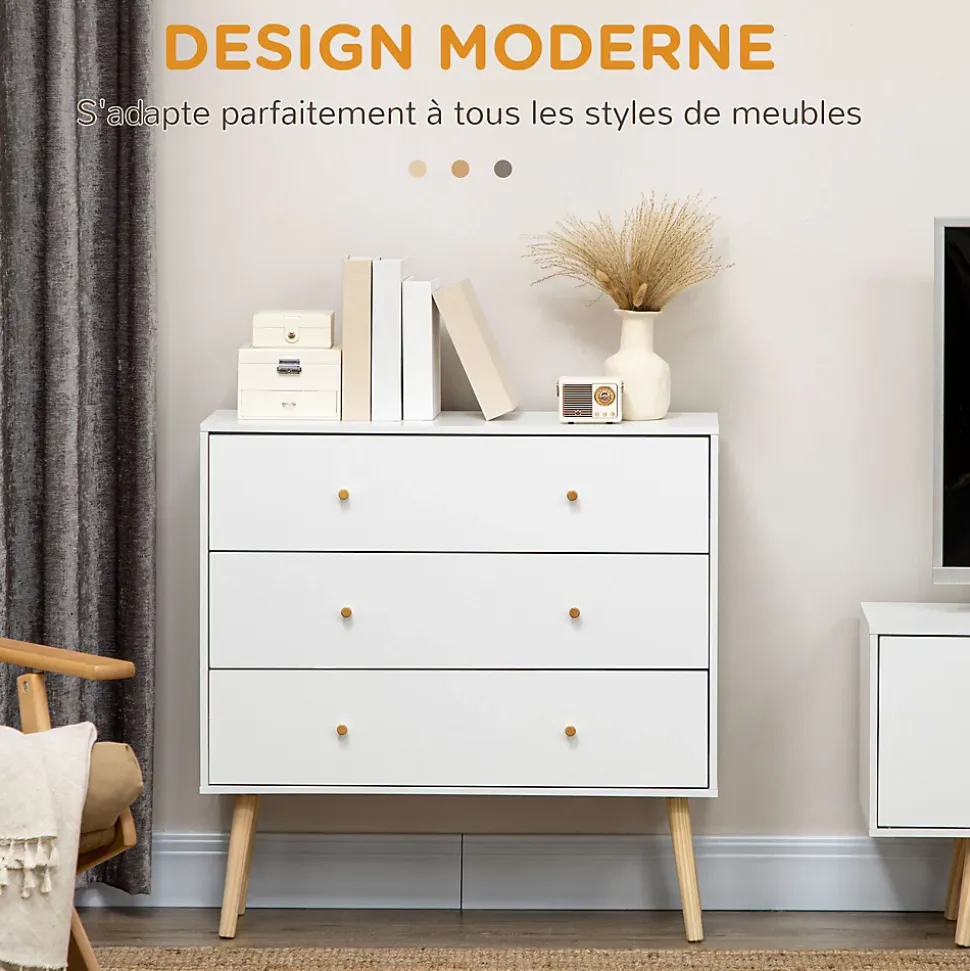 Commode 3 tiroirs design scandinave piètement effilé incliné bois pin panneaux blanc