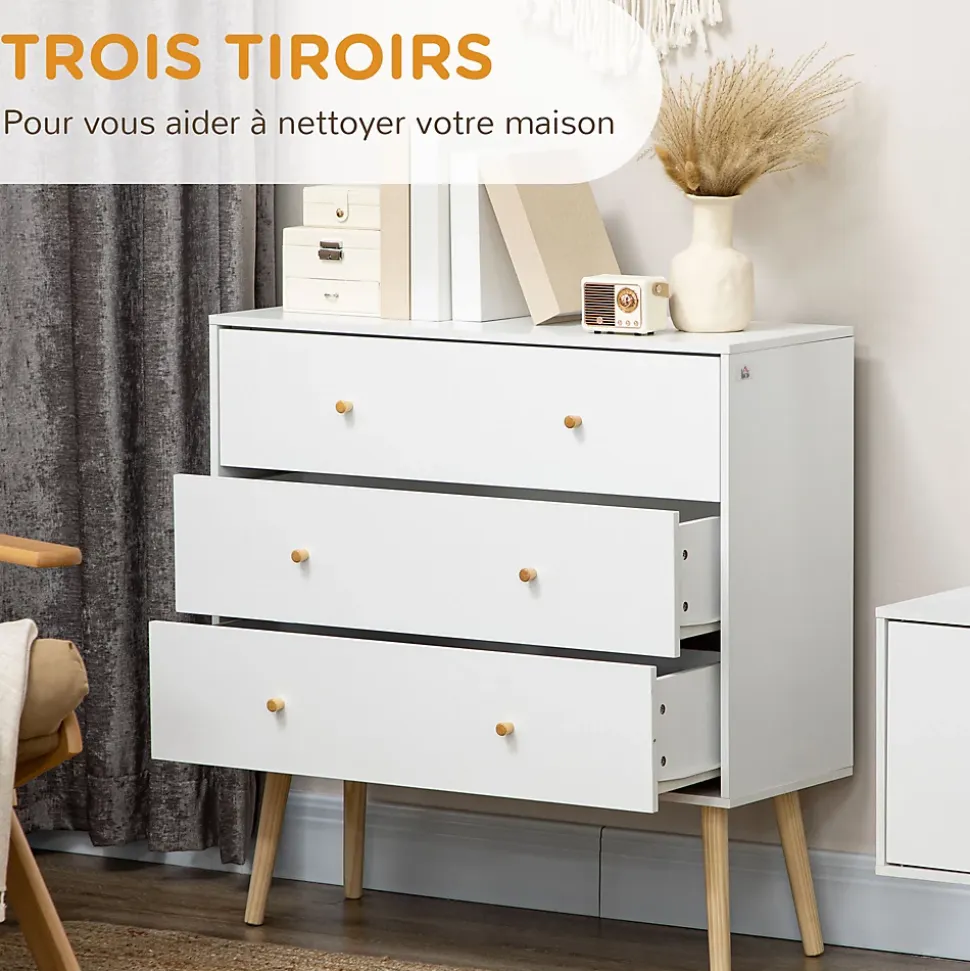Commode 3 tiroirs design scandinave piètement effilé incliné bois pin panneaux blanc