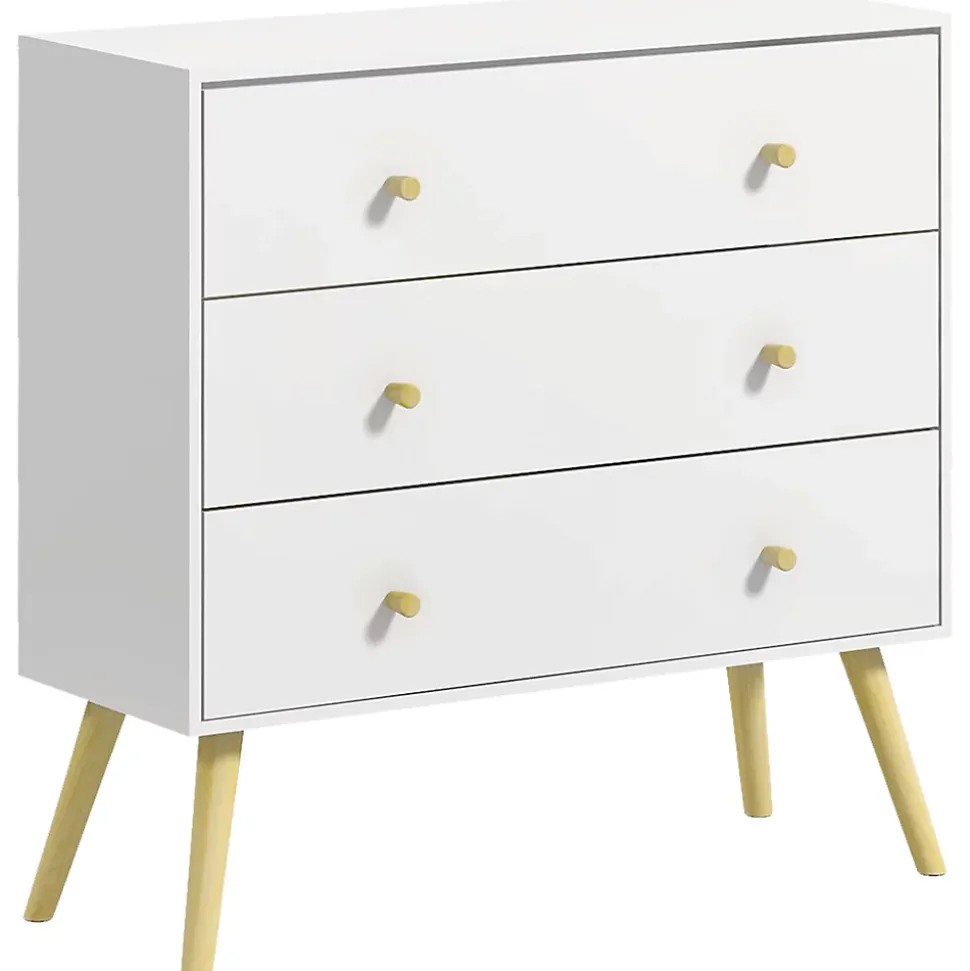 Commode 3 tiroirs design scandinave piètement effilé incliné bois pin panneaux blanc