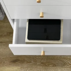 Commode 3 tiroirs design scandinave piètement effilé incliné bois pin panneaux blanc