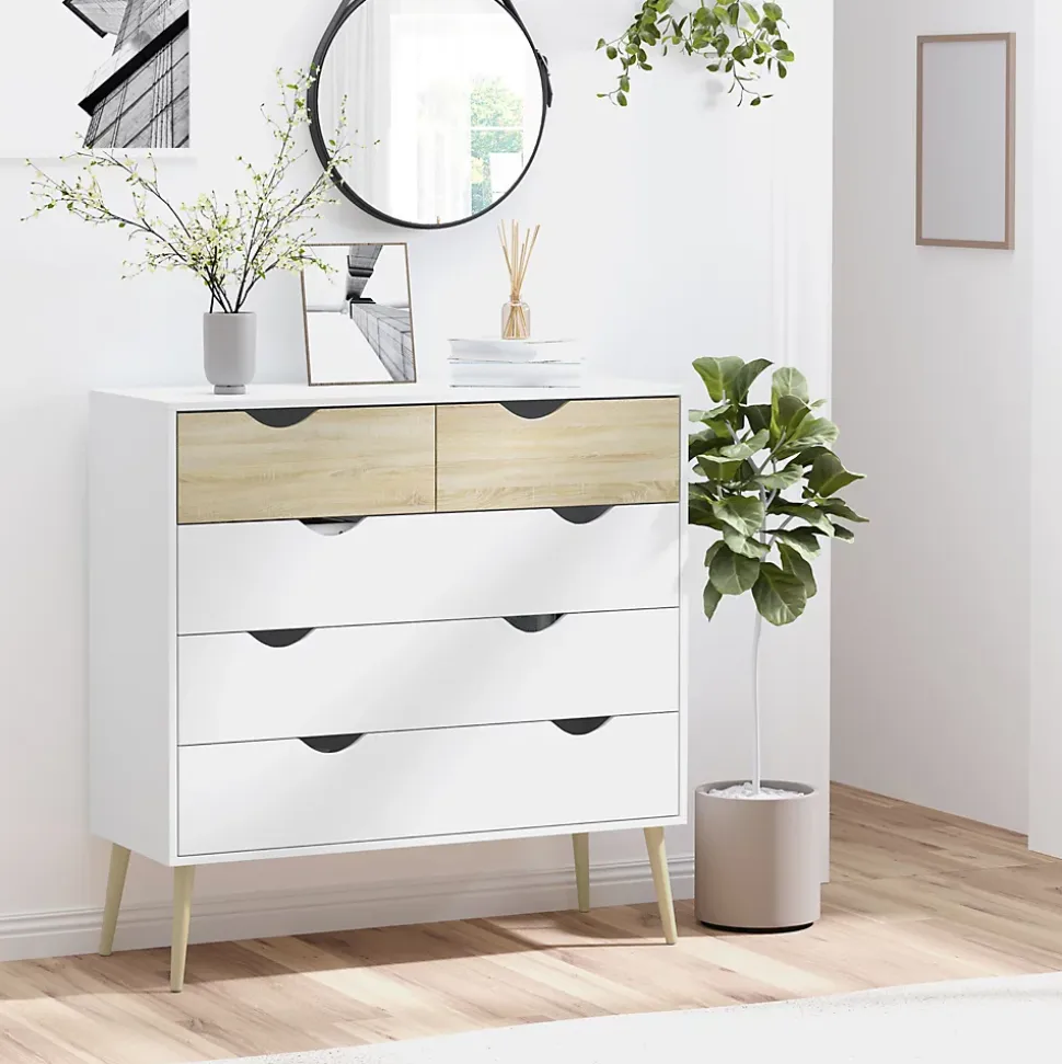Commode 5 tiroirs design scandinave meuble de rangement chambre panneau de particules 99 x 39 x 101 cm blanc aspect chêne clair