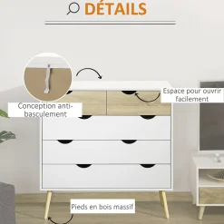 Commode 5 tiroirs design scandinave meuble de rangement chambre panneau de particules 99 x 39 x 101 cm blanc aspect chêne clair