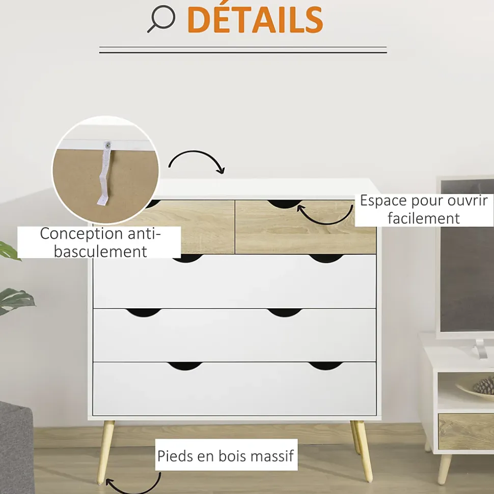 Commode 5 tiroirs design scandinave meuble de rangement chambre panneau de particules 99 x 39 x 101 cm blanc aspect chêne clair