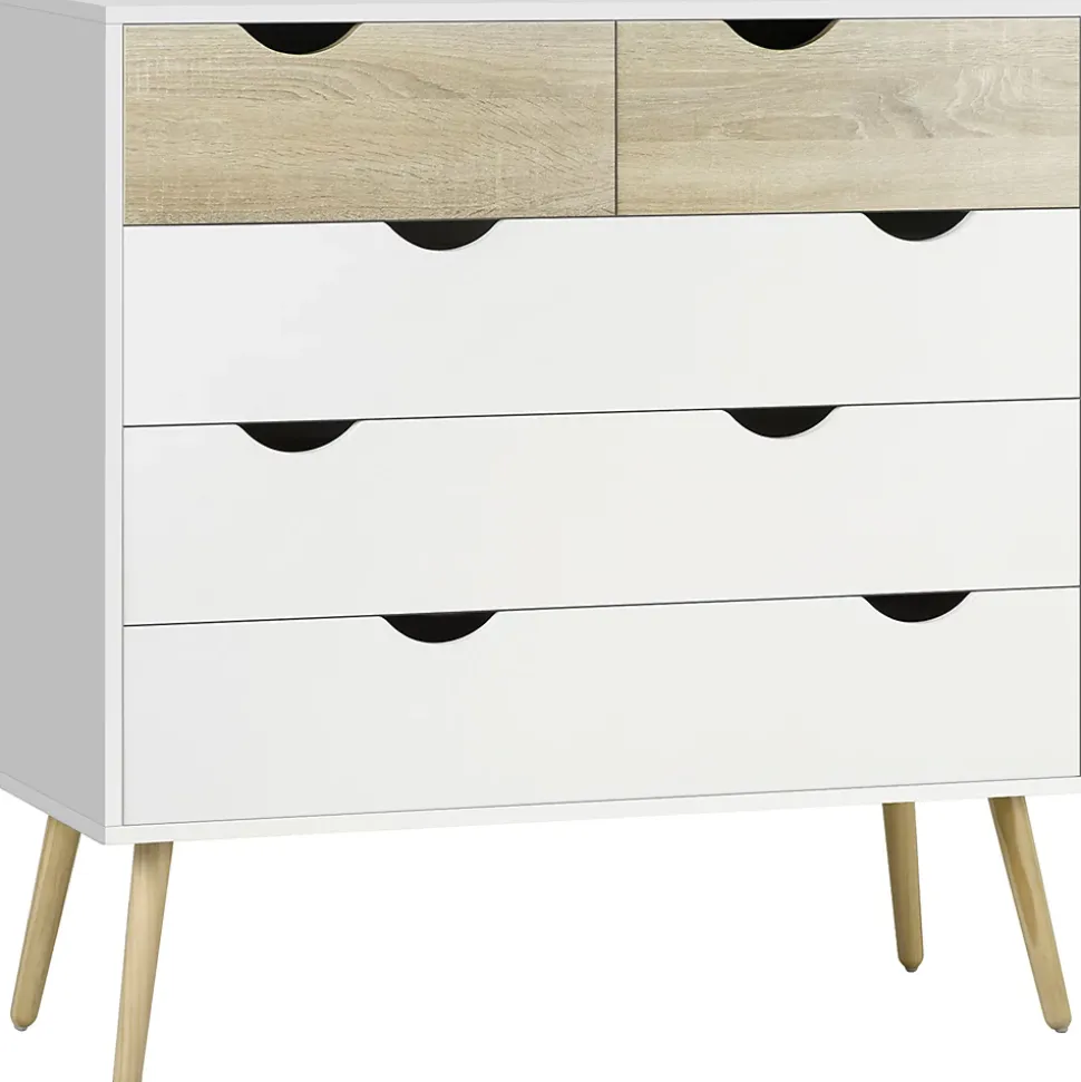 Commode 5 tiroirs design scandinave meuble de rangement chambre panneau de particules 99 x 39 x 101 cm blanc aspect chêne clair