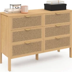 Commode 6 tiroirs EDHEN 115 cm bois et cannage