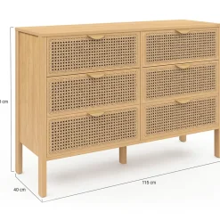 Commode 6 tiroirs EDHEN 115 cm bois et cannage