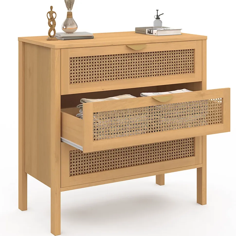 Commode 3 tiroirs EDHEN 80 cm cannage coloris bois